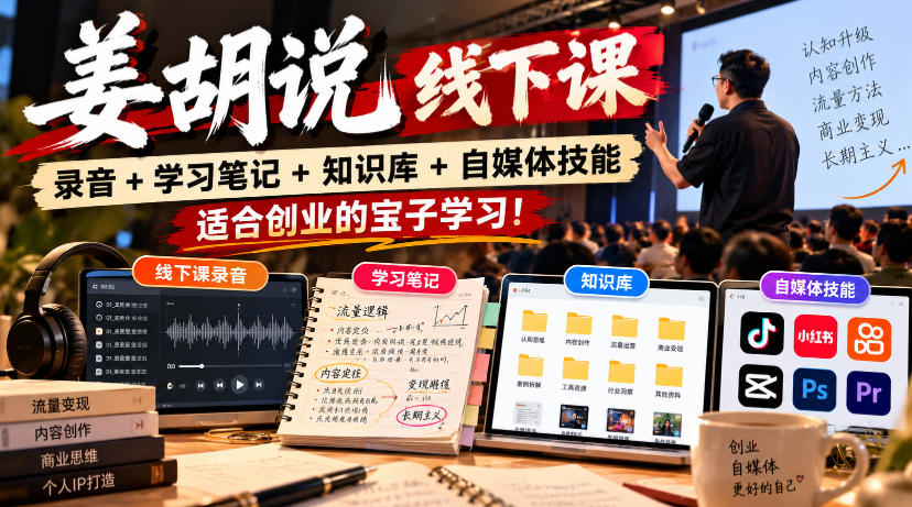姜胡说线下课录音+学习笔记+知识库+自媒体技能,适合创业的宝子学习!网络赚钱,项目资源网,副业资源网,兼职项目,网赚课程-副业赚钱-互联网创业-独家轻创IP大圣网创