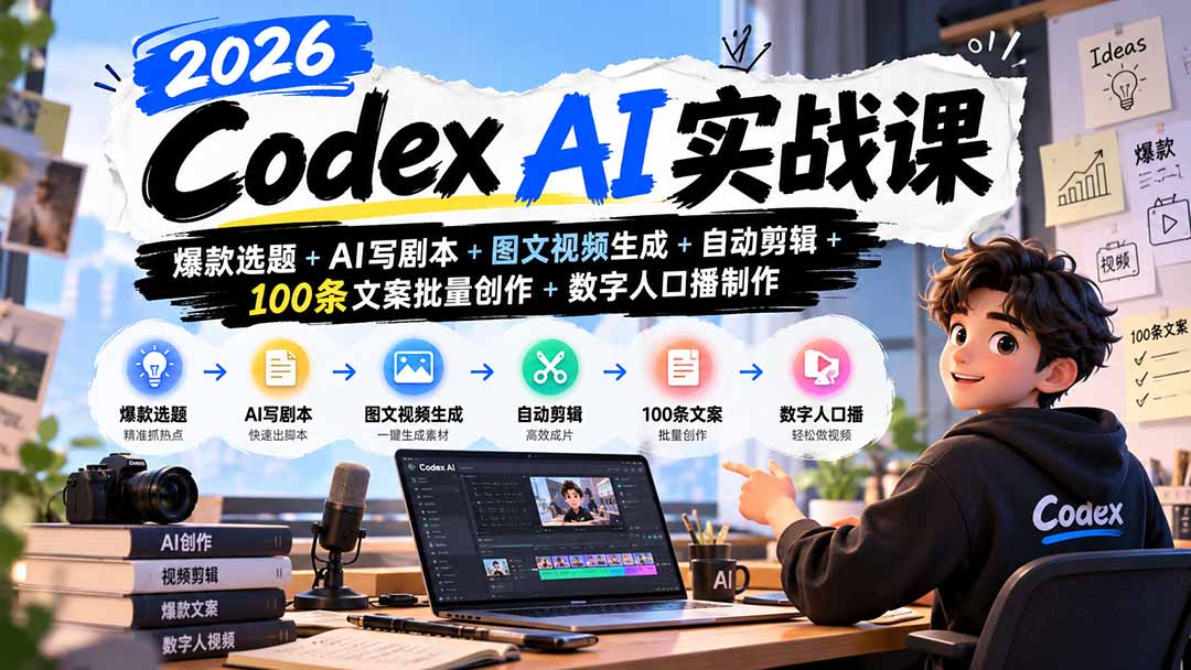 2026Codex AI实战课：爆款选题+AI写剧本+图文视频生成+自动剪辑+100条文案批量创作+数字人口播制作网络赚钱,项目资源网,副业资源网,兼职项目,网赚课程-副业赚钱-互联网创业-独家轻创IP大圣网创