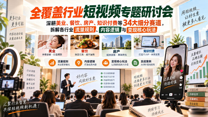 短视频专题研讨会，深耕美业、餐饮、房产、知识付费等34大细分赛道，拆解各行业流量规则、内容逻辑与变现核心玩法(更新1011)网络赚钱,项目资源网,副业资源网,兼职项目,网赚课程-副业赚钱-互联网创业-独家轻创IP大圣网创