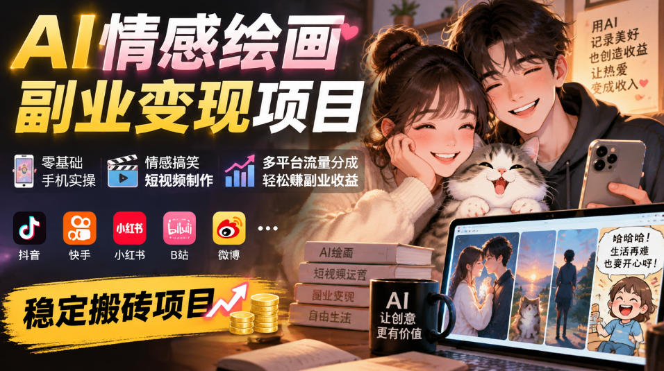 AI情感绘画副业变现项目｜零基础手机实操，情感搞笑短视频制作，多平台流量分成轻松賺副业收益网络赚钱,项目资源网,副业资源网,兼职项目,网赚课程-副业赚钱-互联网创业-独家轻创IP大圣网创