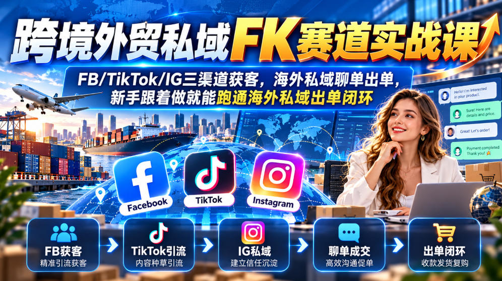 跨境外贸私域FK赛道实战课|FB/TikTok/IG三渠道获客,海外私域聊单出单,新手跟着做就能跑通海外私域出单闭环网络赚钱,项目资源网,副业资源网,兼职项目,网赚课程-副业赚钱-互联网创业-独家轻创IP大圣网创