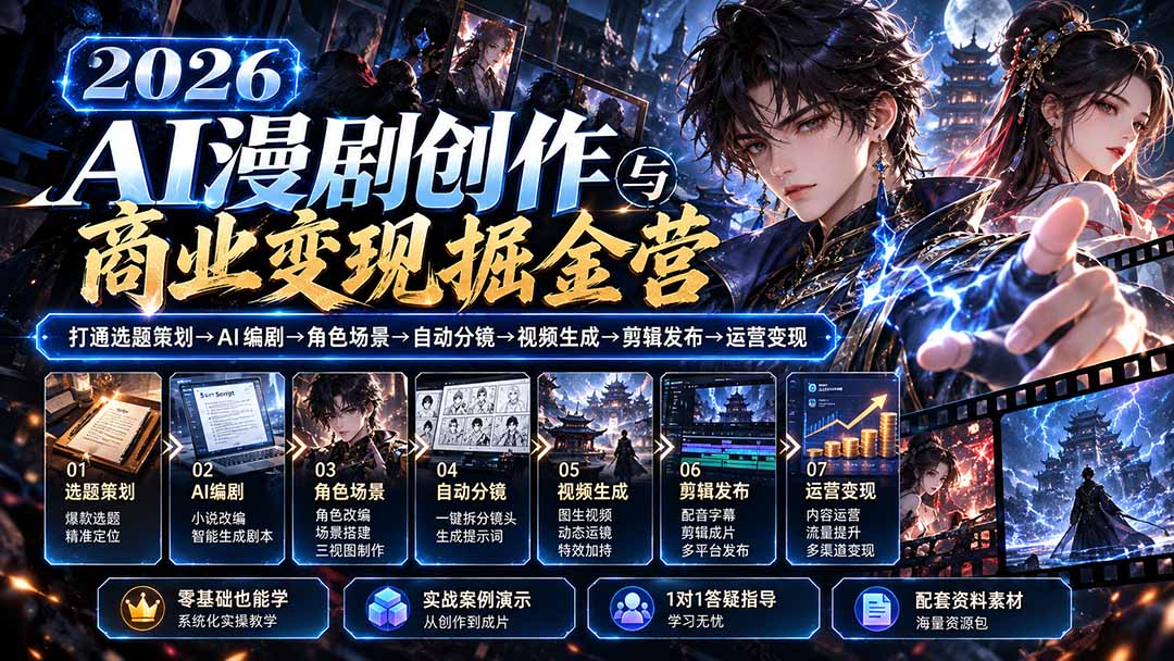 【无水印】2026AI漫剧创作与商业变现掘金营：打通选题→AI编剧→角色场景→自动分镜→视频生成→剪辑发布→运营变现网络赚钱,项目资源网,副业资源网,兼职项目,网赚课程-副业赚钱-互联网创业-独家轻创IP大圣网创