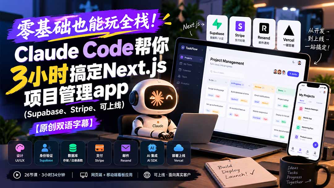 零基础也能玩全栈!Claude Code帮你3小时搞定Next.js项目管理app(Supabase、Stripe、可上线网络赚钱,项目资源网,副业资源网,兼职项目,网赚课程-副业赚钱-互联网创业-独家轻创IP大圣网创
