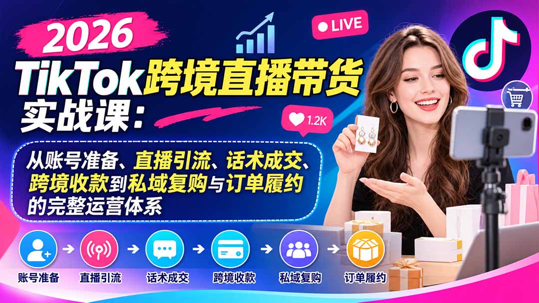 2026TikTok跨境直播带货实战课：从账号准备、直播引流、话术成交、跨境收款到私域复购与订单履约的完整运营体系网络赚钱,项目资源网,副业资源网,兼职项目,网赚课程-副业赚钱-互联网创业-独家轻创IP大圣网创