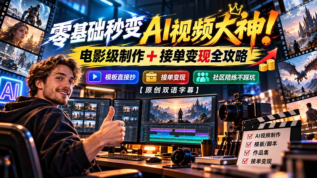 零基础秒变AI视频大神！电影级制作 + 接单变现全攻略，模板直接抄，社区陪练不踩坑【原创双语字幕】网络赚钱,项目资源网,副业资源网,兼职项目,网赚课程-副业赚钱-互联网创业-独家轻创IP大圣网创