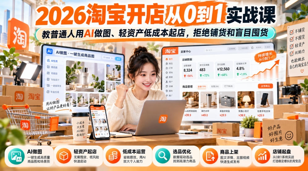 2026淘宝开店从0到1实战课，教普通人用AI做图、轻资产低成本起店，拒绝铺货和盲目囤货网络赚钱,项目资源网,副业资源网,兼职项目,网赚课程-副业赚钱-互联网创业-独家轻创IP大圣网创