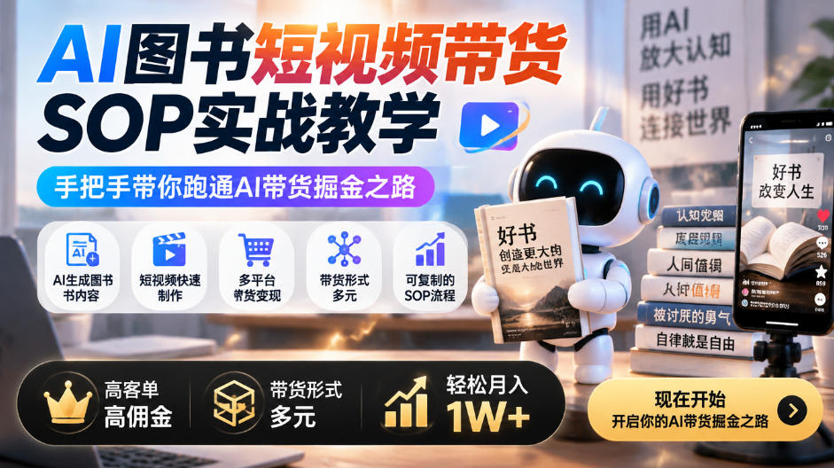 AI图书短视频带货SOP实战教学，手把手带你跑通AI带货掘金之路，高客单高佣金，带货形式多元，轻松月入1W+网络赚钱,项目资源网,副业资源网,兼职项目,网赚课程-副业赚钱-互联网创业-独家轻创IP大圣网创