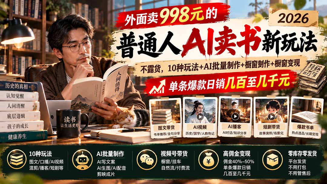 外面卖998元的2026普通人AI卖书新玩法:不露脸、不囤货,10种玩法+AI批量制作+橱窗变现,单条爆款日销几百至几千元网络赚钱,项目资源网,副业资源网,兼职项目,网赚课程-副业赚钱-互联网创业-独家轻创IP大圣网创