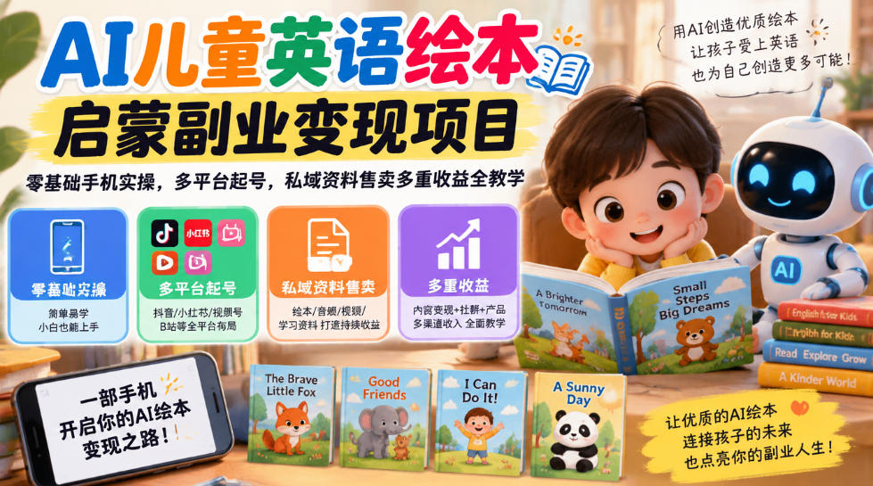 AI儿童英语绘本启蒙副业变现项目，零基础手机实操，多平台起号，私域资料售卖多重收益全教学网络赚钱,项目资源网,副业资源网,兼职项目,网赚课程-副业赚钱-互联网创业-独家轻创IP大圣网创