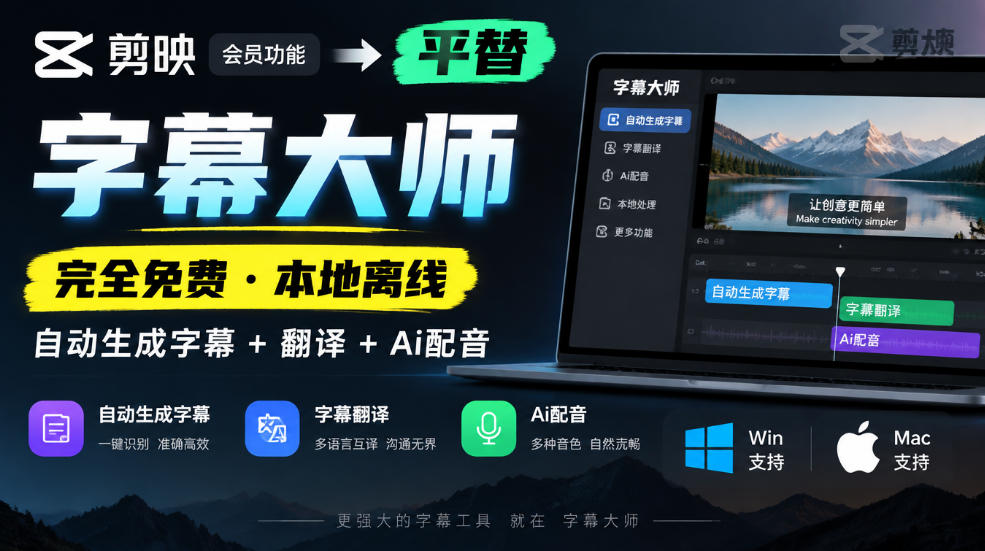 剪映会员功能平替，字幕大师完全免费本地离线，支持自动生成字幕+翻译+Ai配音，Win和Mac都支持！网络赚钱,项目资源网,副业资源网,兼职项目,网赚课程-副业赚钱-互联网创业-独家轻创IP大圣网创