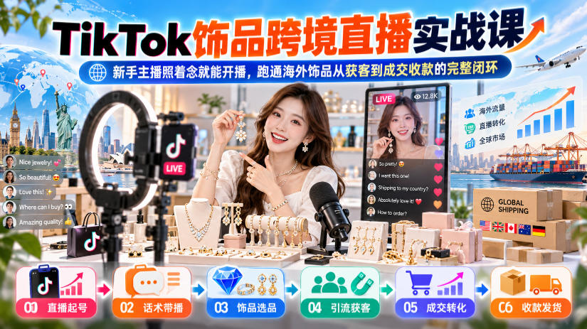 TikTok饰品跨境直播实战课，新手主播照着念就能开播，跑通海外饰品从获客到成交收款的完整闭环网络赚钱,项目资源网,副业资源网,兼职项目,网赚课程-副业赚钱-互联网创业-独家轻创IP大圣网创