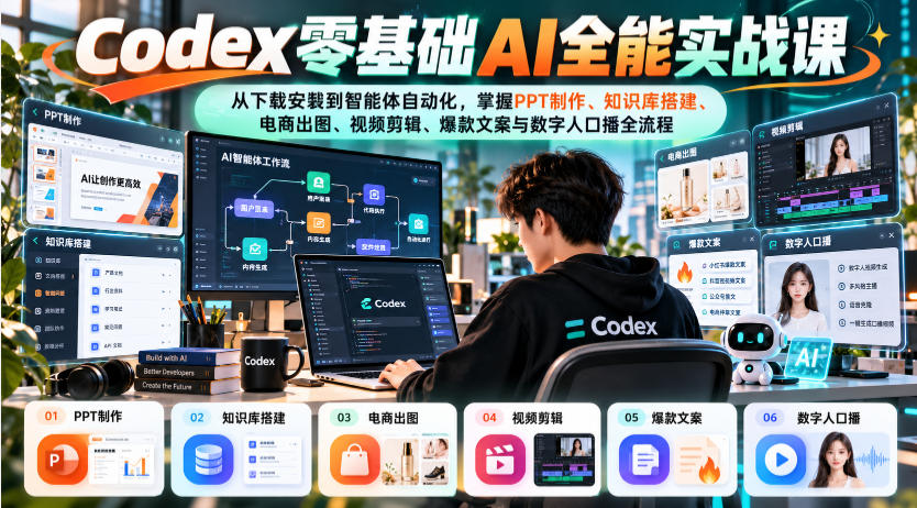 Codex零基础AI全能实战课：从下载安装到智能体自动化，掌握知识库搭建、电商出图、视频剪辑、爆款文案与数字人口播全流程网络赚钱,项目资源网,副业资源网,兼职项目,网赚课程-副业赚钱-互联网创业-独家轻创IP大圣网创
