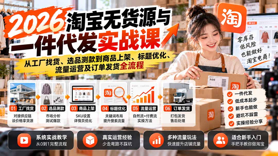 2026淘宝无货源与一件代发实战课：从工厂找货、选品测款到商品上架、标题优化、流量运营及订单发货全流程网络赚钱,项目资源网,副业资源网,兼职项目,网赚课程-副业赚钱-互联网创业-独家轻创IP大圣网创