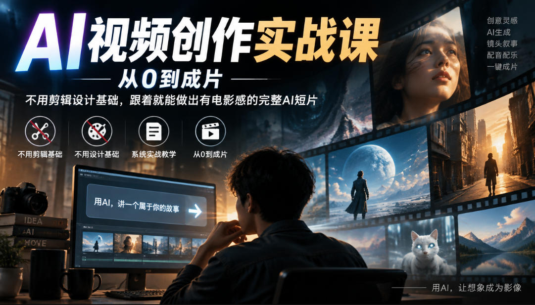 AI视频创作实战课，从0到成片，不用剪辑设计基础，跟着就能做出有电影感的完整AI短片网络赚钱,项目资源网,副业资源网,兼职项目,网赚课程-副业赚钱-互联网创业-独家轻创IP大圣网创