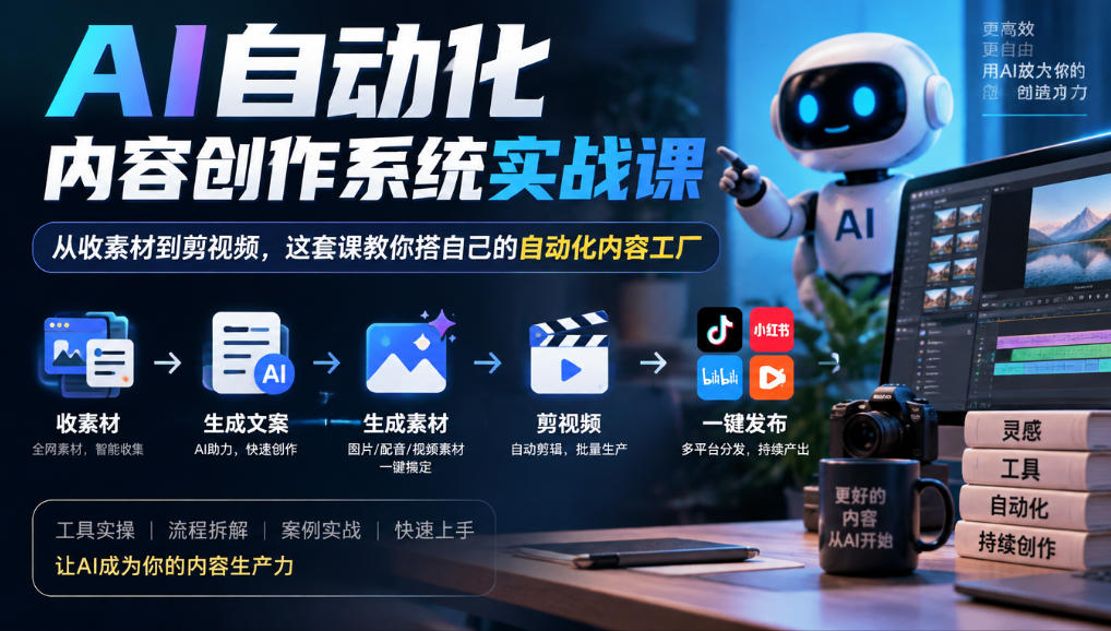 AI自动化内容创作系统实战课，从收素材到剪视频，这套课教你搭自己的自动化内容工厂网络赚钱,项目资源网,副业资源网,兼职项目,网赚课程-副业赚钱-互联网创业-独家轻创IP大圣网创