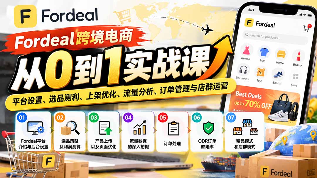 Fordeal跨境电商从0到1实战课:平台设置、选品测利、上架优化、流量分析、订单管理与店群运营网络赚钱,项目资源网,副业资源网,兼职项目,网赚课程-副业赚钱-互联网创业-独家轻创IP大圣网创