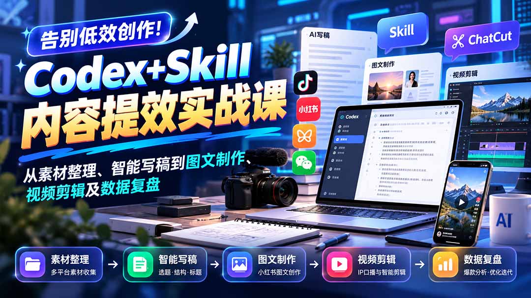 【无水印】告别低效创作!Codex+Skill内容提效实战课:从素材整理、智能写稿到图文制作、视频剪辑及数据复盘网络赚钱,项目资源网,副业资源网,兼职项目,网赚课程-副业赚钱-互联网创业-独家轻创IP大圣网创