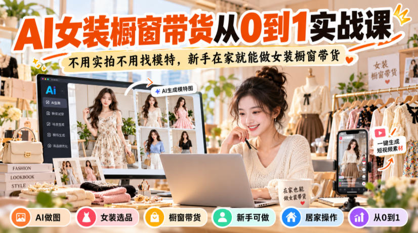 AI女装橱窗带货从0到1实战课,不用实拍不用找模特,新手在家就能做女装橱窗带货网络赚钱,项目资源网,副业资源网,兼职项目,网赚课程-副业赚钱-互联网创业-独家轻创IP大圣网创