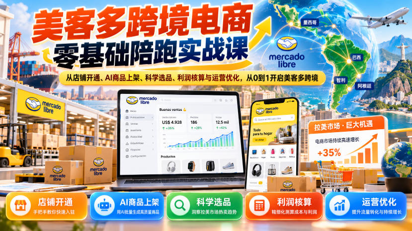 美客多跨境电商零基础陪跑实战课：从店铺开通、AI商品上架、科学选品、利润核算与运营优化，从0到1开启美客多跨境网络赚钱,项目资源网,副业资源网,兼职项目,网赚课程-副业赚钱-互联网创业-独家轻创IP大圣网创