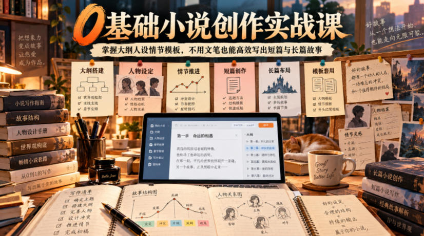 0基础小说创作实战课｜掌握大纲人设情节模板，不用文笔也能高效写出短篇与长篇故事网络赚钱,项目资源网,副业资源网,兼职项目,网赚课程-副业赚钱-互联网创业-独家轻创IP大圣网创
