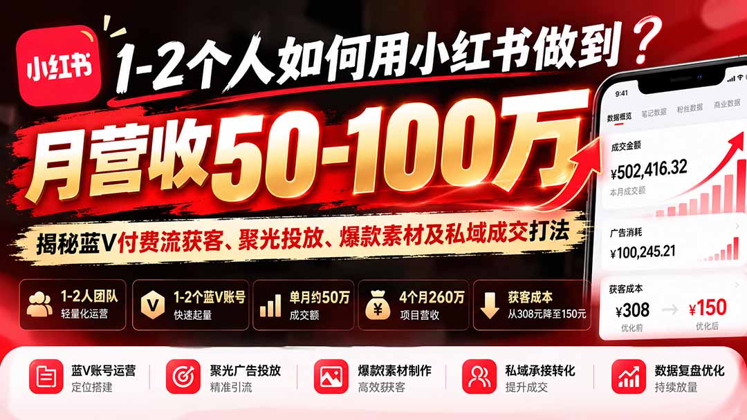 1-2个人如何用小红书做到月营收50-100万？揭秘蓝V付费流获客、聚光投放、爆款素材及私域成交打法网络赚钱,项目资源网,副业资源网,兼职项目,网赚课程-副业赚钱-互联网创业-独家轻创IP大圣网创