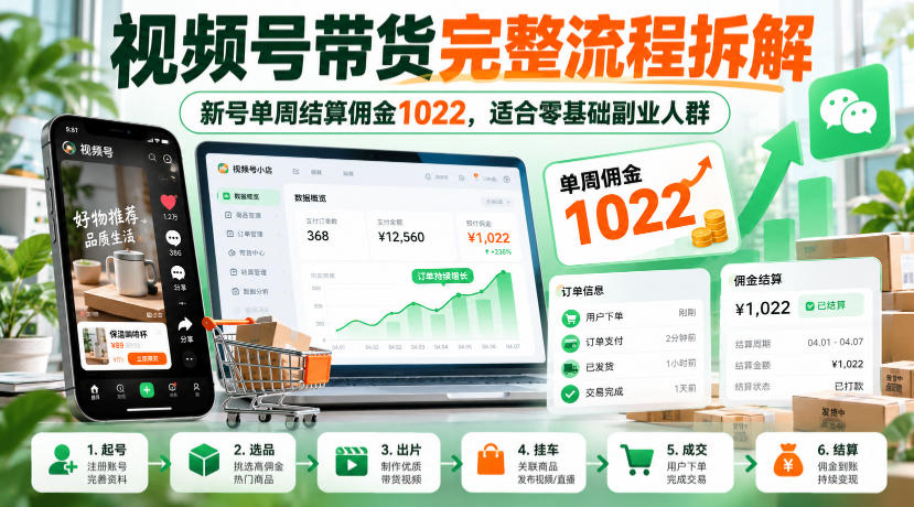 视频号带货完整流程拆解，新号单周结算佣金1022，适合零基础副业人群网络赚钱,项目资源网,副业资源网,兼职项目,网赚课程-副业赚钱-互联网创业-独家轻创IP大圣网创