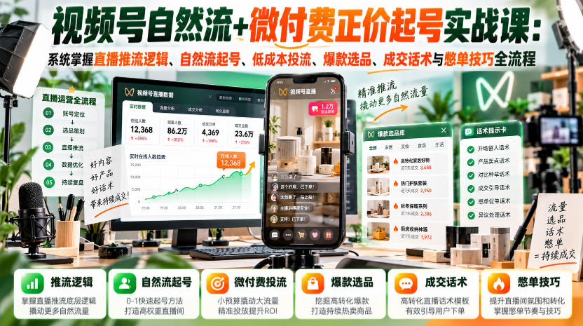 视频号自然流+微付费正价起号实战课：系统掌握直播推流逻辑、自然流起号、低成本投流、爆款选品、成交话术与憋单技巧全流程网络赚钱,项目资源网,副业资源网,兼职项目,网赚课程-副业赚钱-互联网创业-独家轻创IP大圣网创