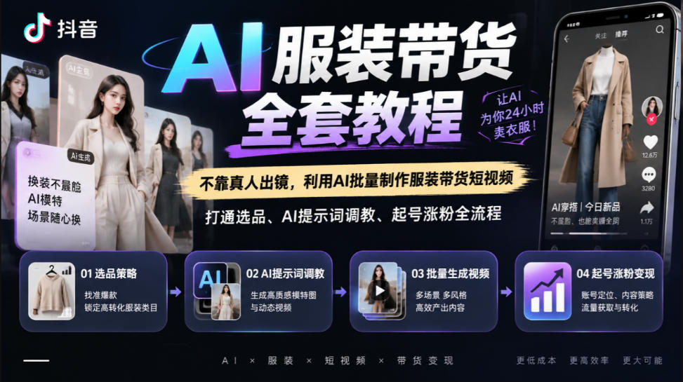 抖音AI服装带货全套教程,不靠真人出镜,利用AI批量制作服装带货短视频,打通选品、AI提示词调教、起号涨粉全流程网络赚钱,项目资源网,副业资源网,兼职项目,网赚课程-副业赚钱-互联网创业-独家轻创IP大圣网创