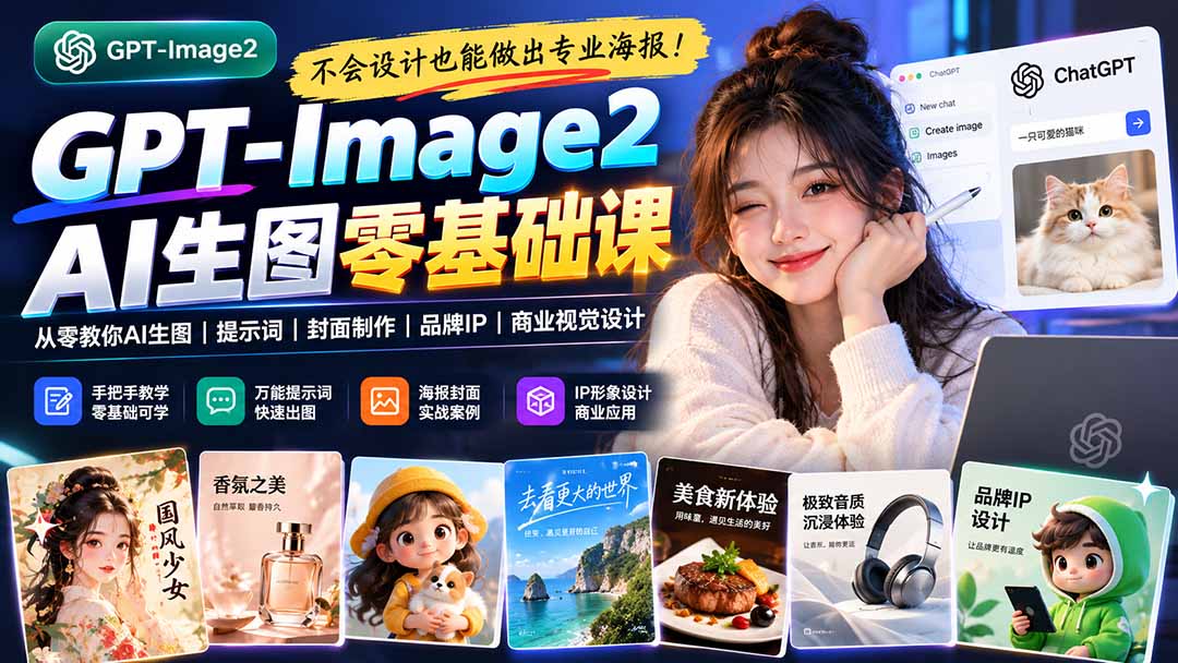 不会设计也能做出专业海报！GPT-Image2从零教你AI生图、提示词、封面制作、品牌IP与商业视觉设计网络赚钱,项目资源网,副业资源网,兼职项目,网赚课程-副业赚钱-互联网创业-独家轻创IP大圣网创