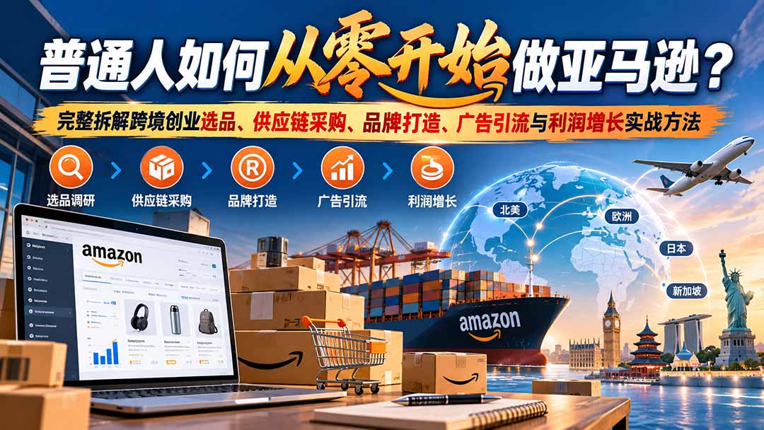 普通人如何从零开始做亚马逊?完整拆解跨境创业选品、供应链采购、品牌打造、广告引流与利润增长实战方法网络赚钱,项目资源网,副业资源网,兼职项目,网赚课程-副业赚钱-互联网创业-独家轻创IP大圣网创