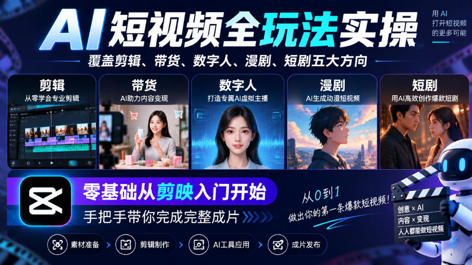 AI短视频全玩法实操，覆盖剪辑、带货、数字人、漫剧、短剧五大方向，零基础从剪映入门开始，手把手带你完成完整成片网络赚钱,项目资源网,副业资源网,兼职项目,网赚课程-副业赚钱-互联网创业-独家轻创IP大圣网创