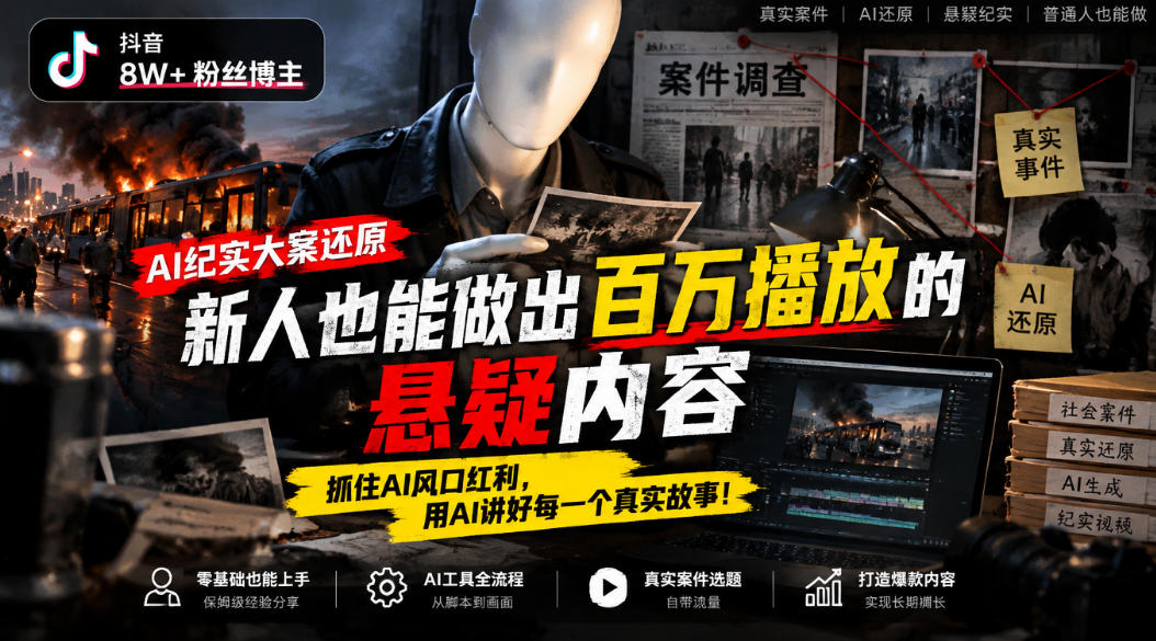 抖音8W粉丝博主的AI纪实大案还原教学,新人也能做出百W播放的悬疑内容,抓住AI风口红利,用AI讲好每一个真实故事(更新1014)网络赚钱,项目资源网,副业资源网,兼职项目,网赚课程-副业赚钱-互联网创业-独家轻创IP大圣网创