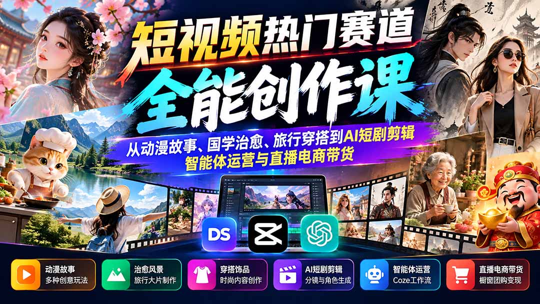 短视频热门赛道全能创作课：从动漫故事、国学治愈、旅行穿搭到AI短剧剪辑、智能体运营与直播电商带货网络赚钱,项目资源网,副业资源网,兼职项目,网赚课程-副业赚钱-互联网创业-独家轻创IP大圣网创
