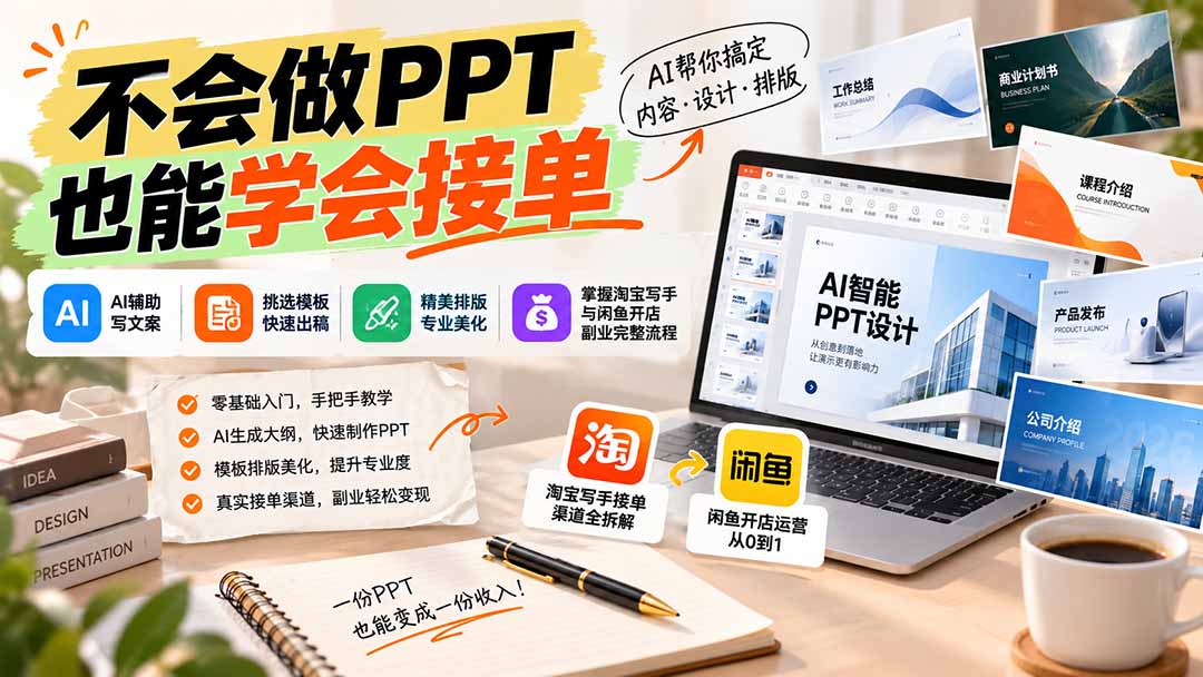 不会做PPT也能学会接单：AI辅助写文案、挑模板、做排版，掌握淘宝写手与闲鱼开店副业完整流程网络赚钱,项目资源网,副业资源网,兼职项目,网赚课程-副业赚钱-互联网创业-独家轻创IP大圣网创