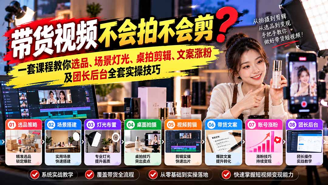 带货视频不会拍不会剪？一套课程教你选品、场景灯光、桌拍剪辑、文案涨粉及团长后台全套实操技巧  复制标题网络赚钱,项目资源网,副业资源网,兼职项目,网赚课程-副业赚钱-互联网创业-独家轻创IP大圣网创