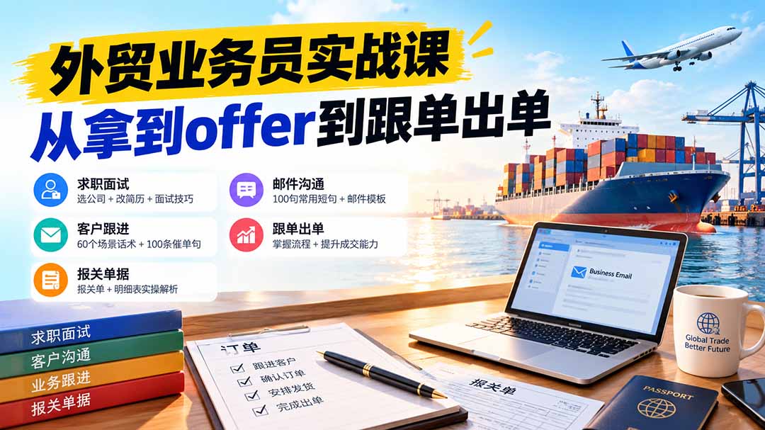 外贸业务员从求职到出单实战课：教你筛选优质公司、优化简历、应对面试、客户跟进催单及出口报关操作篇网络赚钱,项目资源网,副业资源网,兼职项目,网赚课程-副业赚钱-互联网创业-独家轻创IP大圣网创