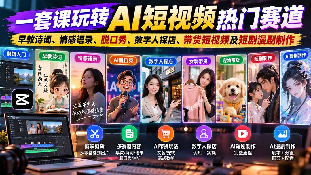 一套课玩转AI短视频热门赛道：早教诗词、情感语录、脱口秀、数字人探店、带货短视频及短剧漫剧制作  复制标题网络赚钱,项目资源网,副业资源网,兼职项目,网赚课程-副业赚钱-互联网创业-独家轻创IP大圣网创