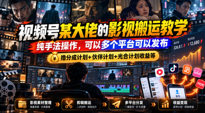 视频号某大佬的影视搬运教学,纯手法操作,可以多个平台可以发布,撸分成计划+伙伴计划+光合计划收益等网络赚钱,项目资源网,副业资源网,兼职项目,网赚课程-副业赚钱-互联网创业-独家轻创IP大圣网创