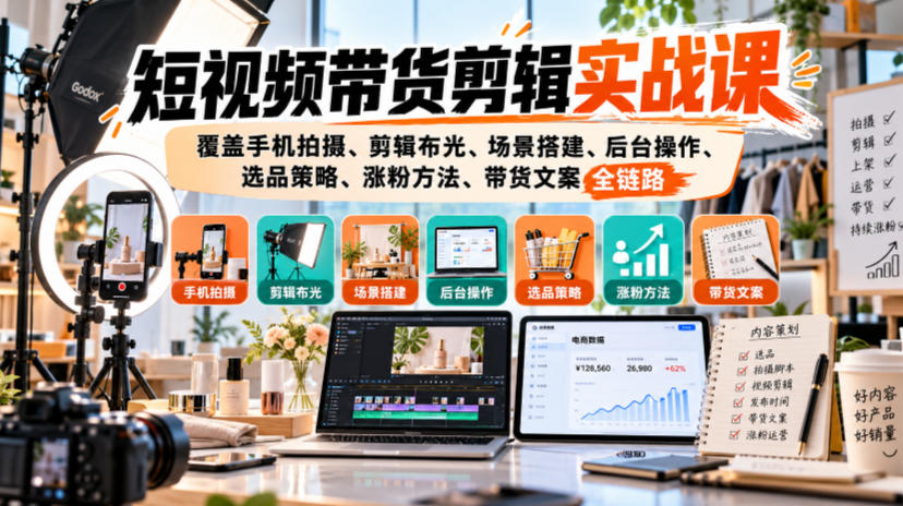 短视频带货剪辑实战课,覆盖手机拍摄、剪辑布光、场景搭建、后台操作、选品策略、涨粉方法、带货文案全链路网络赚钱,项目资源网,副业资源网,兼职项目,网赚课程-副业赚钱-互联网创业-独家轻创IP大圣网创