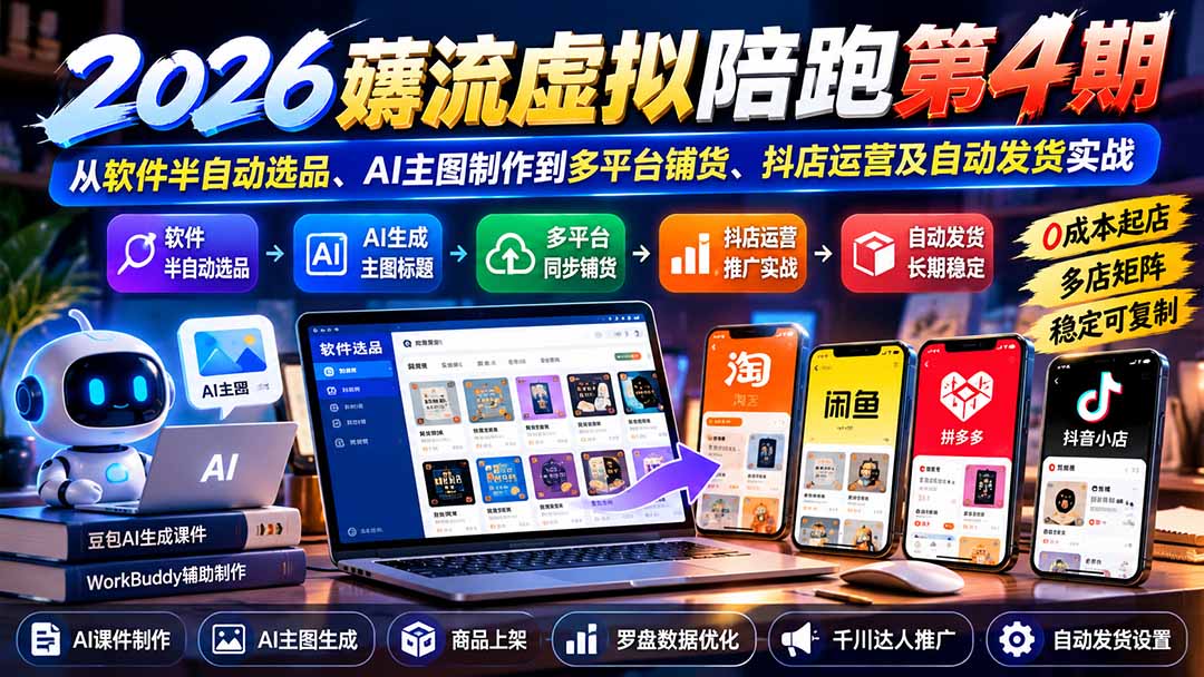 2026薅流虚拟陪跑第4期：从软件半自动选品、AI主图制作到多平台铺货、抖店运营及自动发货实战网络赚钱,项目资源网,副业资源网,兼职项目,网赚课程-副业赚钱-互联网创业-独家轻创IP大圣网创