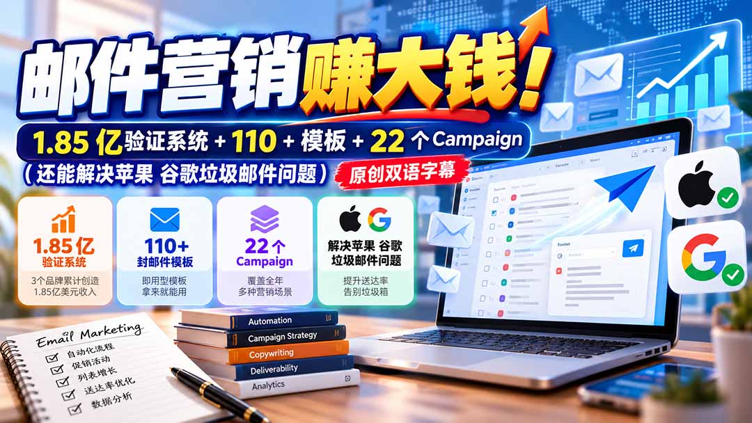 邮件营销赚大钱！1.85亿验证系统+110+模板+22个Campaign(还能解决苹果 谷歌垃圾邮件问题网络赚钱,项目资源网,副业资源网,兼职项目,网赚课程-副业赚钱-互联网创业-独家轻创IP大圣网创