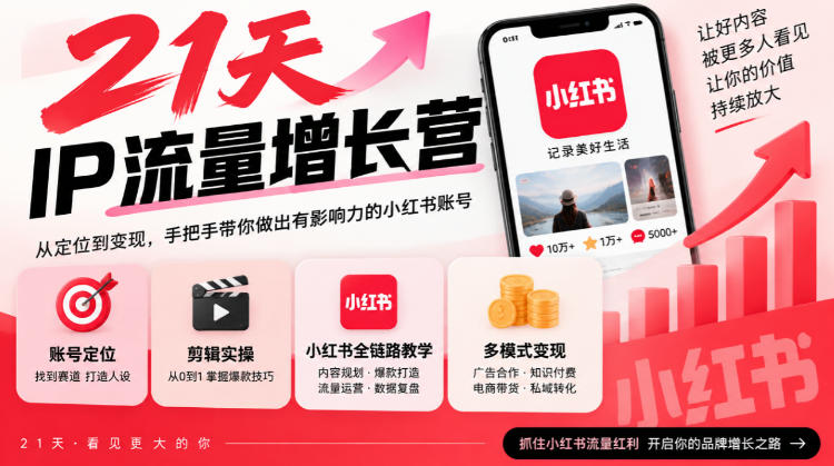 21天IP流量增长营，小红书全链路教学，账号定位剪辑实操，多模式变现系统课网络赚钱,项目资源网,副业资源网,兼职项目,网赚课程-副业赚钱-互联网创业-独家轻创IP大圣网创