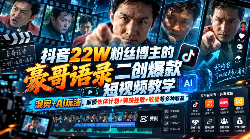 抖音22W粉丝博主的豪哥语录二创爆款短视频教学，混剪+AI玩法，解锁伙伴计划+剪映挂载+收徒等多种收益网络赚钱,项目资源网,副业资源网,兼职项目,网赚课程-副业赚钱-互联网创业-独家轻创IP大圣网创
