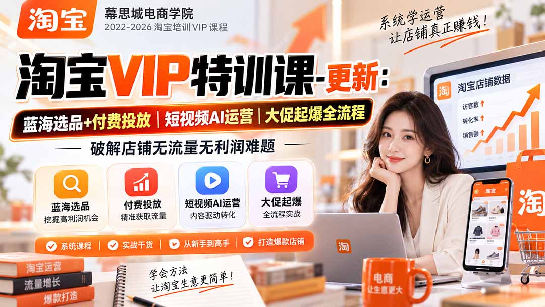 淘宝VIP特训课-更新1016：蓝海选品+付费投放｜短视频AI运营｜大促起爆全流程，破解店铺无流量无利润难题网络赚钱,项目资源网,副业资源网,兼职项目,网赚课程-副业赚钱-互联网创业-独家轻创IP大圣网创