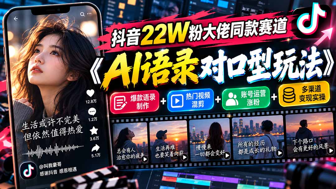 抖音22W粉大佬同款赛道《AI语录对口型玩法》：爆款语录制作+热门视频混剪+账号运营涨粉+多渠道变现实操网络赚钱,项目资源网,副业资源网,兼职项目,网赚课程-副业赚钱-互联网创业-独家轻创IP大圣网创