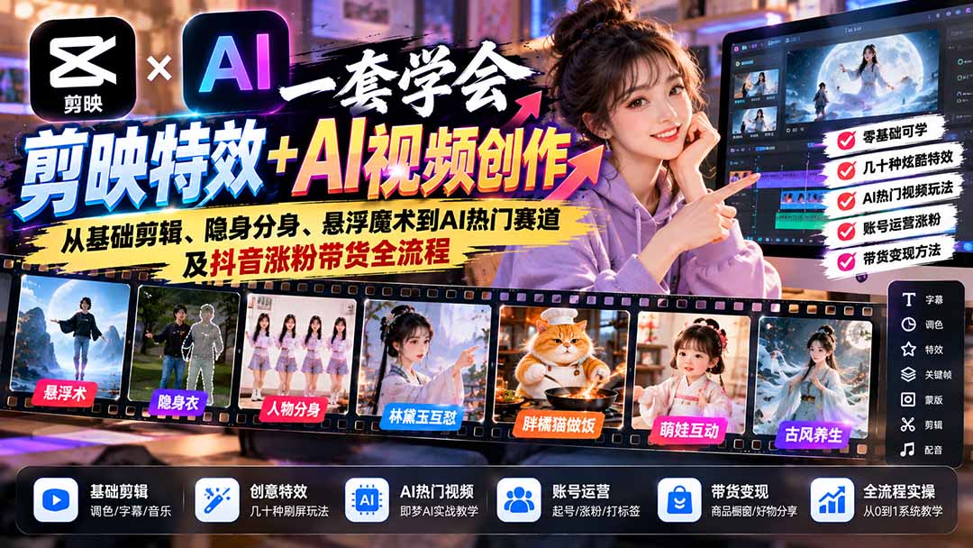 一套学会剪映特效+AI视频创作:从基础剪辑、隐身分身、悬浮魔术到AI热门赛道及抖音涨粉带货全流程网络赚钱,项目资源网,副业资源网,兼职项目,网赚课程-副业赚钱-互联网创业-独家轻创IP大圣网创
