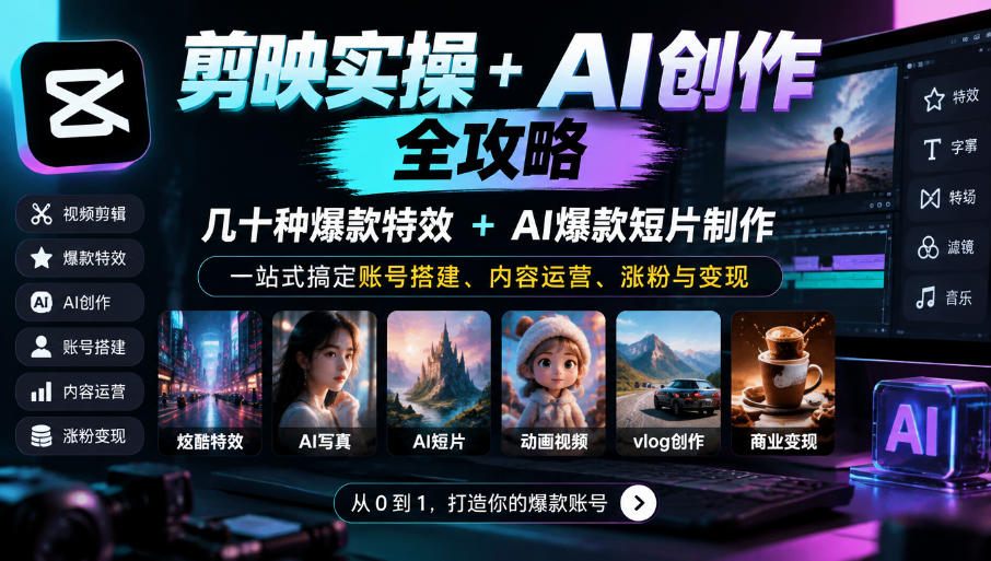 剪映实操+AI创作全攻略｜几十种爆款特效+AI爆款短片制作，一站式搞定账号搭建、内容运营、涨粉与变现网络赚钱,项目资源网,副业资源网,兼职项目,网赚课程-副业赚钱-互联网创业-独家轻创IP大圣网创