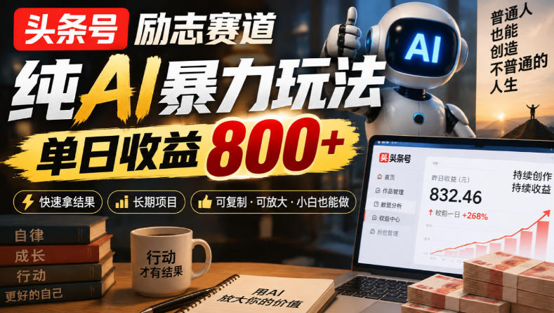 头条号励志赛道，纯AI暴力玩法，单日收益800+，快速拿结果，长期项目网络赚钱,项目资源网,副业资源网,兼职项目,网赚课程-副业赚钱-互联网创业-独家轻创IP大圣网创