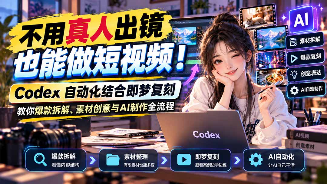 不用真人出镜也能做短视频！Codex自动化结合即梦复刻，教你爆款拆解、素材创意与AI制作全流程网络赚钱,项目资源网,副业资源网,兼职项目,网赚课程-副业赚钱-互联网创业-独家轻创IP大圣网创