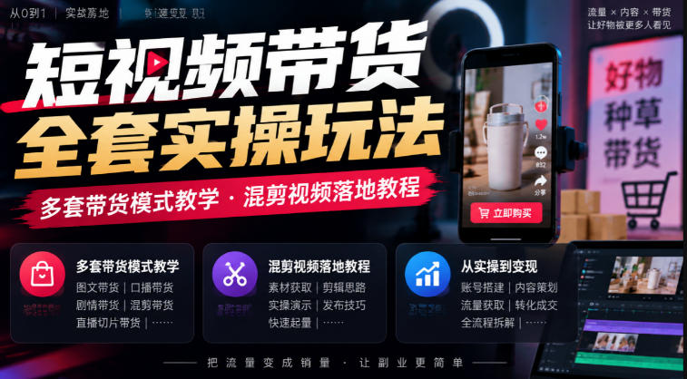 短视频带货全套实操玩法，多套带货模式教学，混剪视频落地教程网络赚钱,项目资源网,副业资源网,兼职项目,网赚课程-副业赚钱-互联网创业-独家轻创IP大圣网创